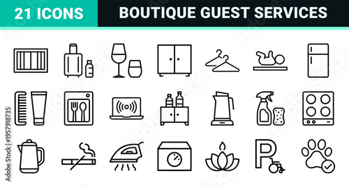 Boutique Hotel Amenities Minimalist Monoline Outline Set for Hospitality Management Wayfinding and Guest Service Digital Interface