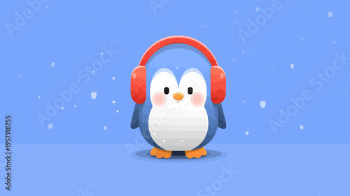 A cute cartoon penguin wearing red headphones on a blue background with falling snow