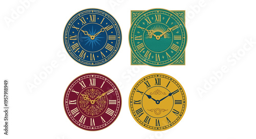 Four ornate clock faces with roman numerals and distinct color schemes