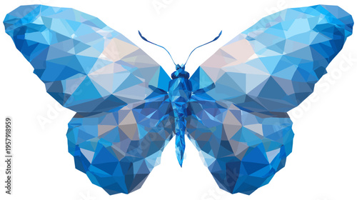 Low-poly illustration of a butterfly featuring a blend of blue shades on a transparent background