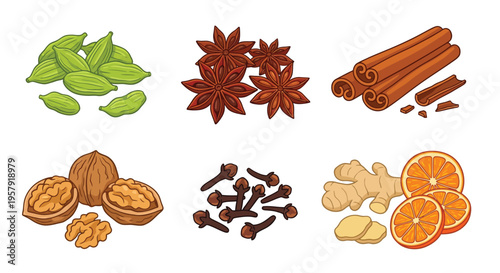 Assorted spices including cinnamon cardamom cloves and citrus fruits