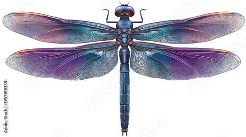 A detailed illustration of a dragonfly with iridescent wings, on a solid white background