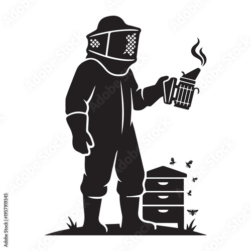 Beekeeper in Protective Suit Holding a Bee Smoker icon Silhouette vector black design on a white background