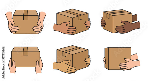 Diverse hands holding cardboard boxes in a simple illustrative style