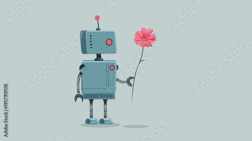 A cute, blue robot holding a pink daisy on a stem against a muted blue-gray backdrop
