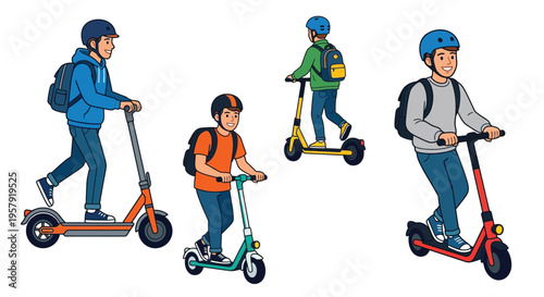 Four young people riding scooters with backpacks in a cartoon style