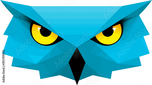 A geometric depiction of a bird's face, featuring blue and black shapes with yellow eyes