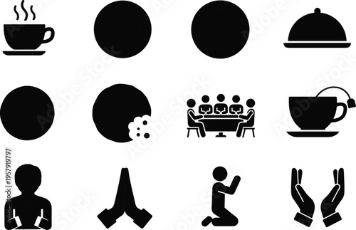 Vector icon set featuring coffee cup food cloche cookie community meeting and prayer silhouettes for religious gathering and hospitality design isolated on white