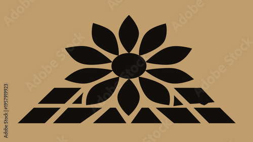A symmetrical black flower shape with petals over a triangular pattern on a beige background