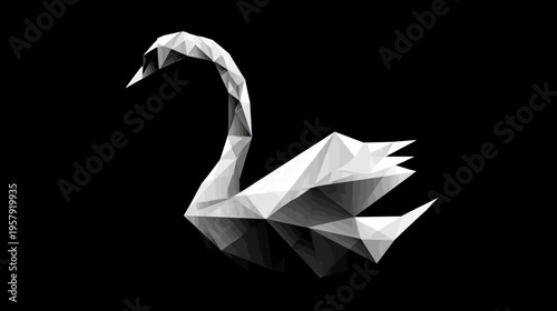 A geometric illustration of a swan in grayscale, crafted with polygonal shapes against a black backdrop