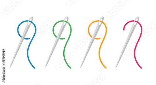 Four needles with colorful threads creating curved stitch patterns