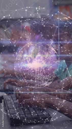 Vertical video: Students typing at keys causing globe and node net pulsing above hands for learning