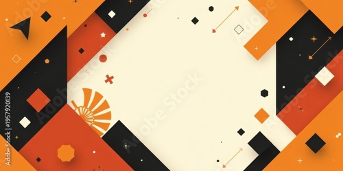 Abstract Geometric Design with Orange, Black, and Beige Color Palette Featuring an Array of Shapes and Arrows Forming a Striking Visual Composition