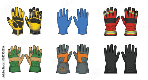 An assortment of colorful work and protective gloves in various styles