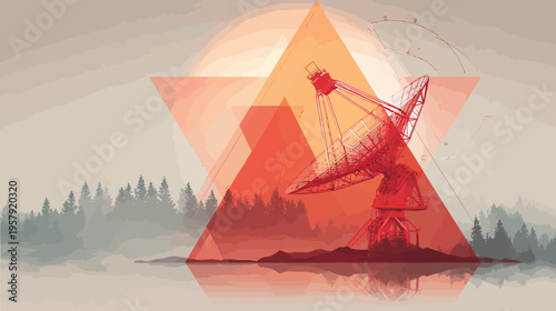 Stylized, geometric landscape features a radio telescope, forest, and reflections, all layered with a sunset palette