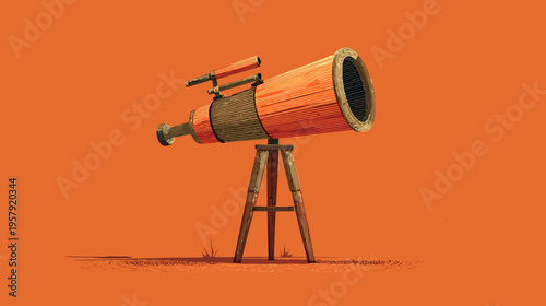 A large, vintage telescope sits atop a wooden tripod against a plain orange background