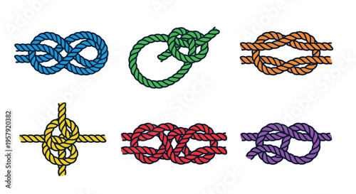 Colorful illustration of various nautical knots arranged on a white background