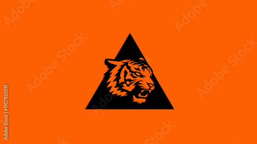 A roaring tiger head inside a black triangle set in an orange background
