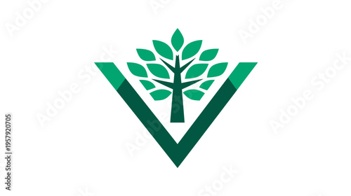 A simple, symmetrical logo featuring a stylized tree enclosed within a downward-pointing, green-colored chevron