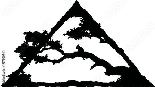 Silhouetted illustration of a mountain and tree, with a perched animal. Abstract and minimal