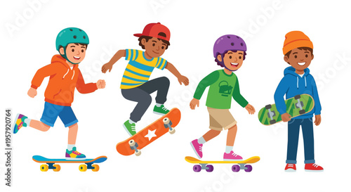 Four young boys skateboarding and enjoying outdoor activity together
