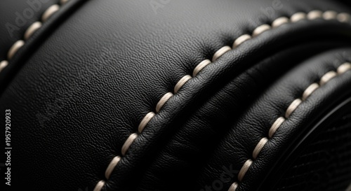 Close-up of Black Leather with White Stitching.
