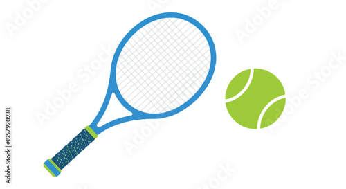 A brightly colored tennis racket and ball illustration on a white background