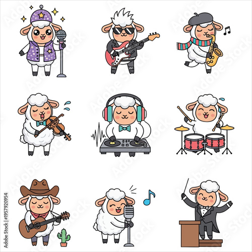 Cartoon sheep musicians playing various instruments in different styles