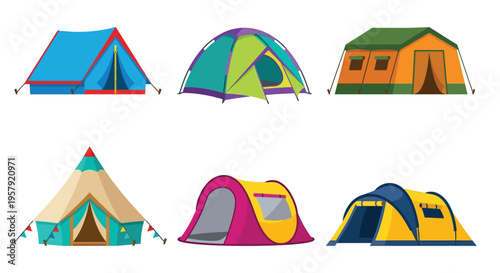 Colorful cartoon illustrations of various camping tents in a flat style