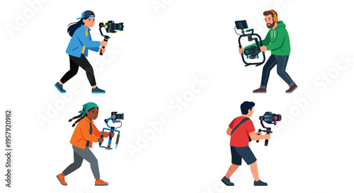 Four videographers operating camera stabilizers in a colorful illustrated style