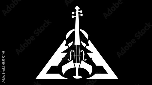 A white violin within a triangular shape, stylized against a black backdrop