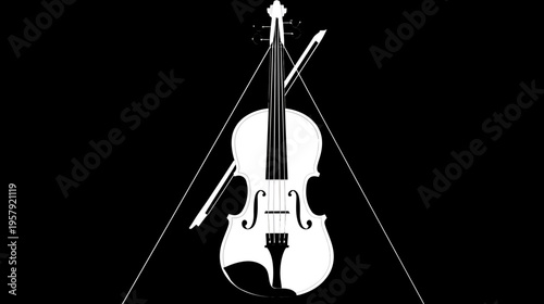 Stylized, grayscale depiction of a violin, placed within an abstract triangle on a dark backdrop