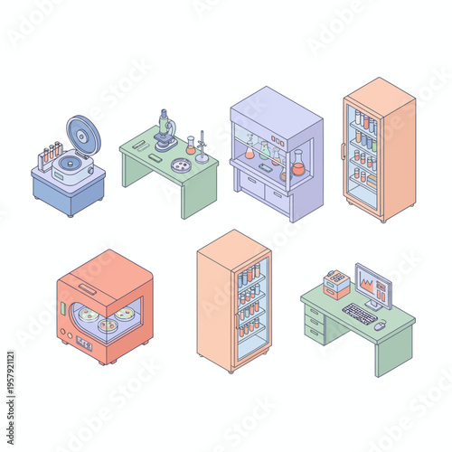 Isometric Laboratory Equipment Set. Science Lab Tools, Medical Research Furniture, Chemistry and Biology Experiment Illustration.