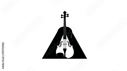 A monochrome illustration features a violin centered within an abstract triangular shape