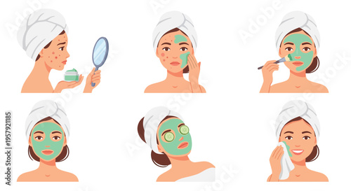 Woman performing a skincare routine in multiple illustrated stages