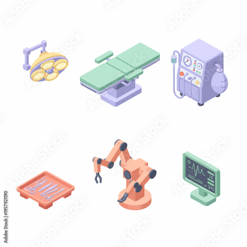 Isometric collection of modern medical and surgical equipment: operating table, lamp, anesthesia machine, instruments, robotic arm, vital signs monitor