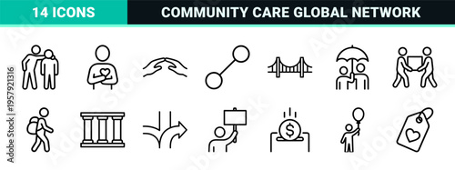 Minimalist Monoline Support Icons Featuring Geometric People Silhouettes and Community Care Symbols for Social Welfare Interface Design