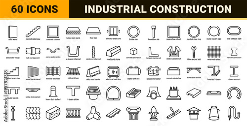 Precast Concrete Manufacturing and Civil Engineering Component Icons featuring Minimalist Geometric Monoline Outlines for Construction Planning