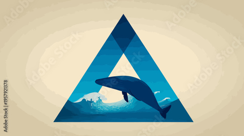 A stylized illustration features a whale breaching through waves inside a triangle with a textured beige background