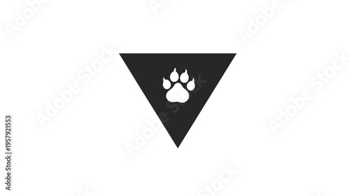 A white paw print inside a downward-pointing black triangle, centered on a white background