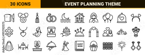 Minimalist Wedding and Festival Service Outline Icons featuring Geometric Line Art Symbols for Event Planning and Romantic Celebrations.