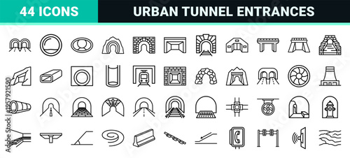 Subterranean Infrastructure and Transportation Tunnel Entrance Outline Symbols. Minimalist Geometric Monoline Highway and Railway Portals.