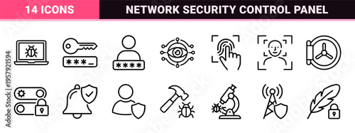 Cyber Security and Digital Privacy Geometric Line Art Icon Set featuring Minimalist Monoline Symbols for Data Protection and Web Safety.
