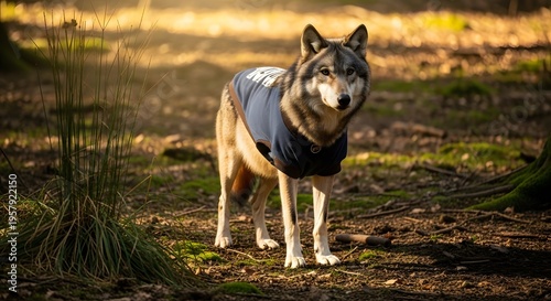 Wolf in a blue jacket standing in a sunlit forest