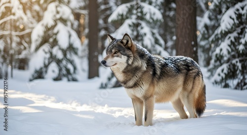Gray wolf standing in snowy forest, winter wildlife scene