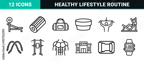 Minimalist Gym and Fitness Monoline Icon Set Featuring Geometric Line Art for Modern Athletic Training and Wellness Mobile App Interfaces