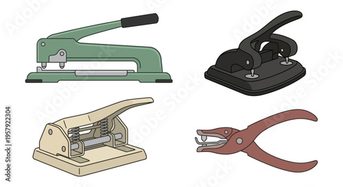 Four colorful illustrations of different types of road construction machinery