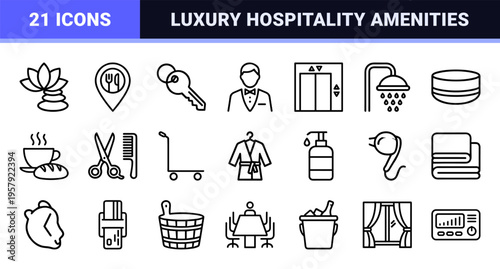 Hospitality and Tourism Management Linear Icons Featuring Luxury Hotel Services and Amenities in Minimalist Monoline Style