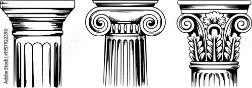 Distinct classical architectural column capitals in black and white line architecture