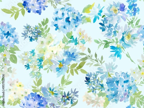 Watercolor blue floral seamless pattern with abstract hand painted hydrangea and wild flowers for fabric, home decor and surface design. Modern botanical wall paper.